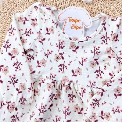 Vestido Manga Longa Floral com Faixinha de Cabelo - Areia e Bordo